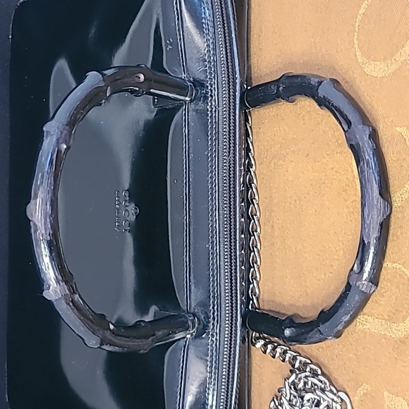 GUCCI VINTAGE BAMBOO HANDLE BLACK PATENT LEATHER HANDBAG SILVER HARDWARE - Picture 12 of 17